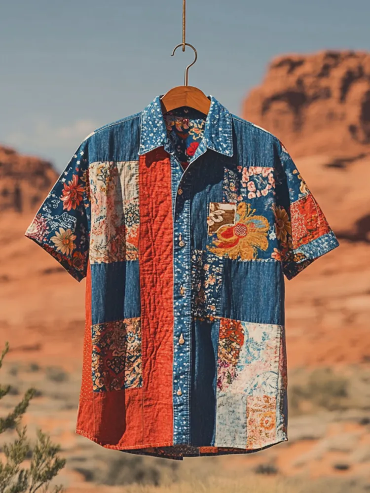 Men's Independence Day America Blue Red With Floral Pattern Art Casual Short Sleeve Shirts