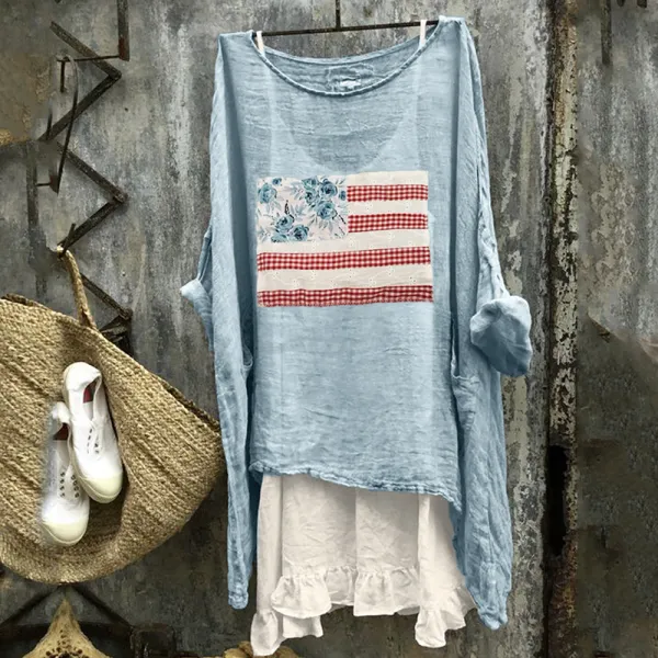 American Flag Cottage Floral Check Fiber Art Linen Tunic