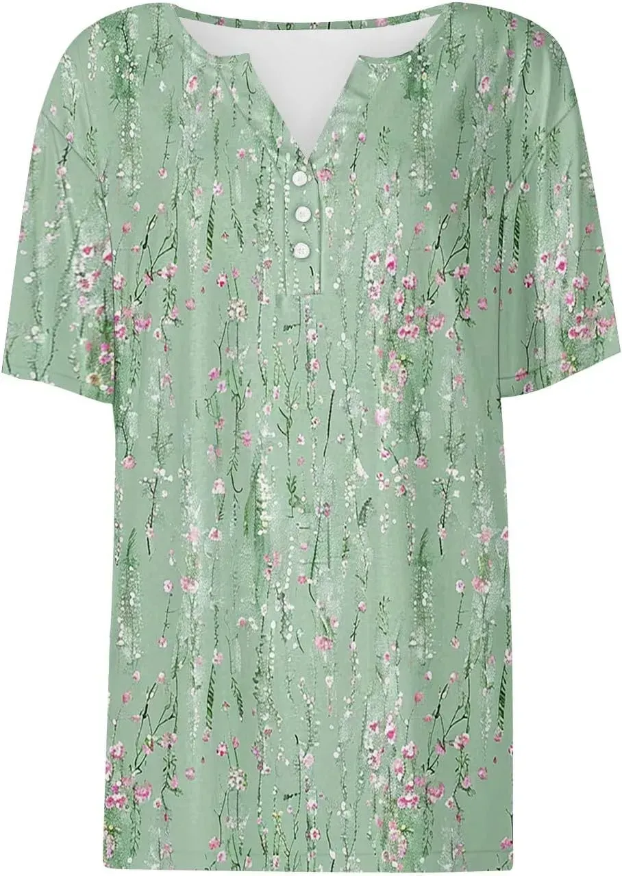 Shirts for Women Casual Printed Summer Tops Short-Sleeved Button V-Neck Tops Blouse Fashion Boho T-Shirts