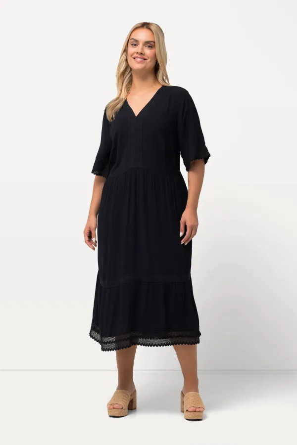 Tunika-Midikleid, Spitze, A-Linie, V-Ausschnitt, Halbarm