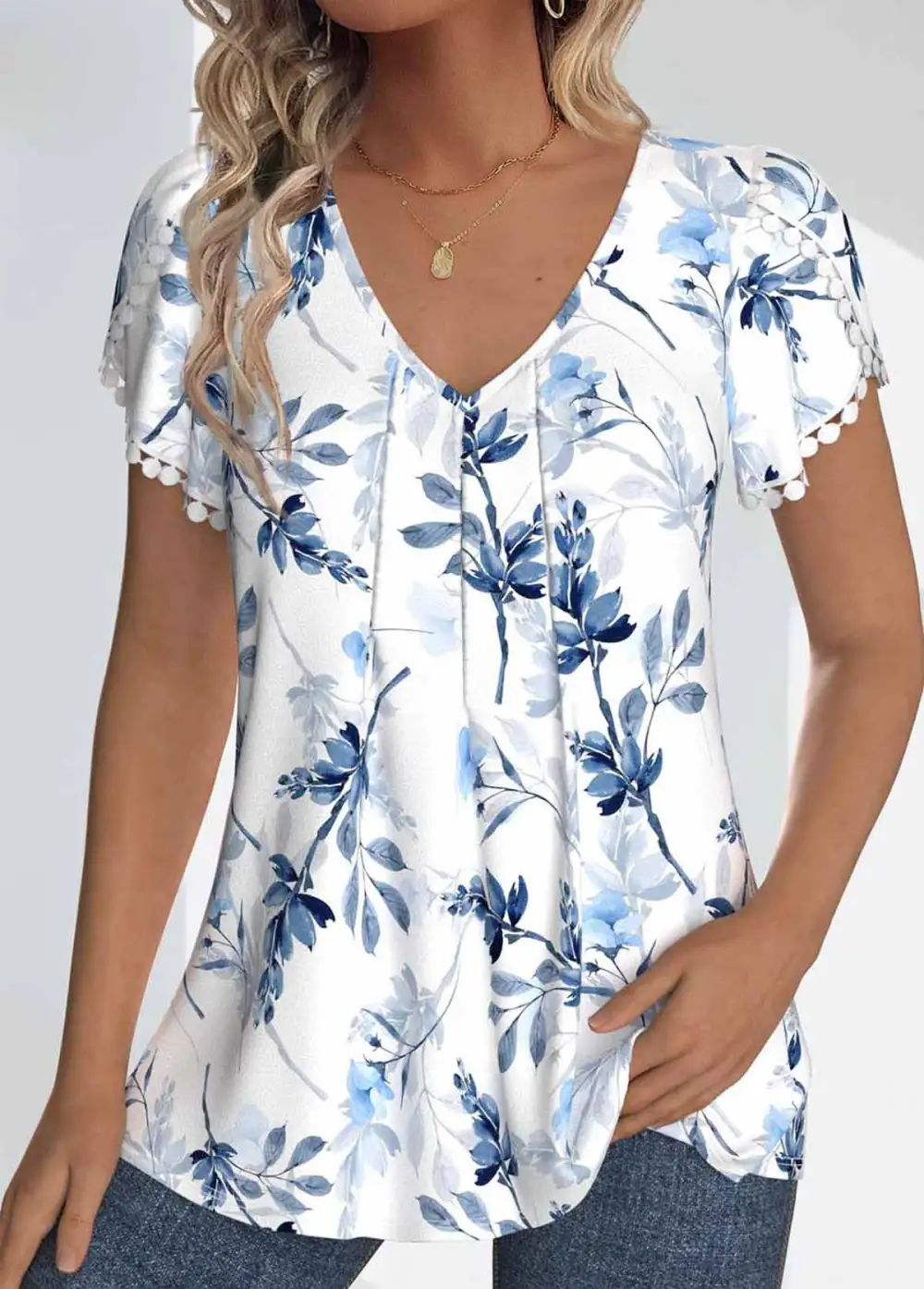 White Tuck Stitch Floral Print Short Sleeve T Shirt