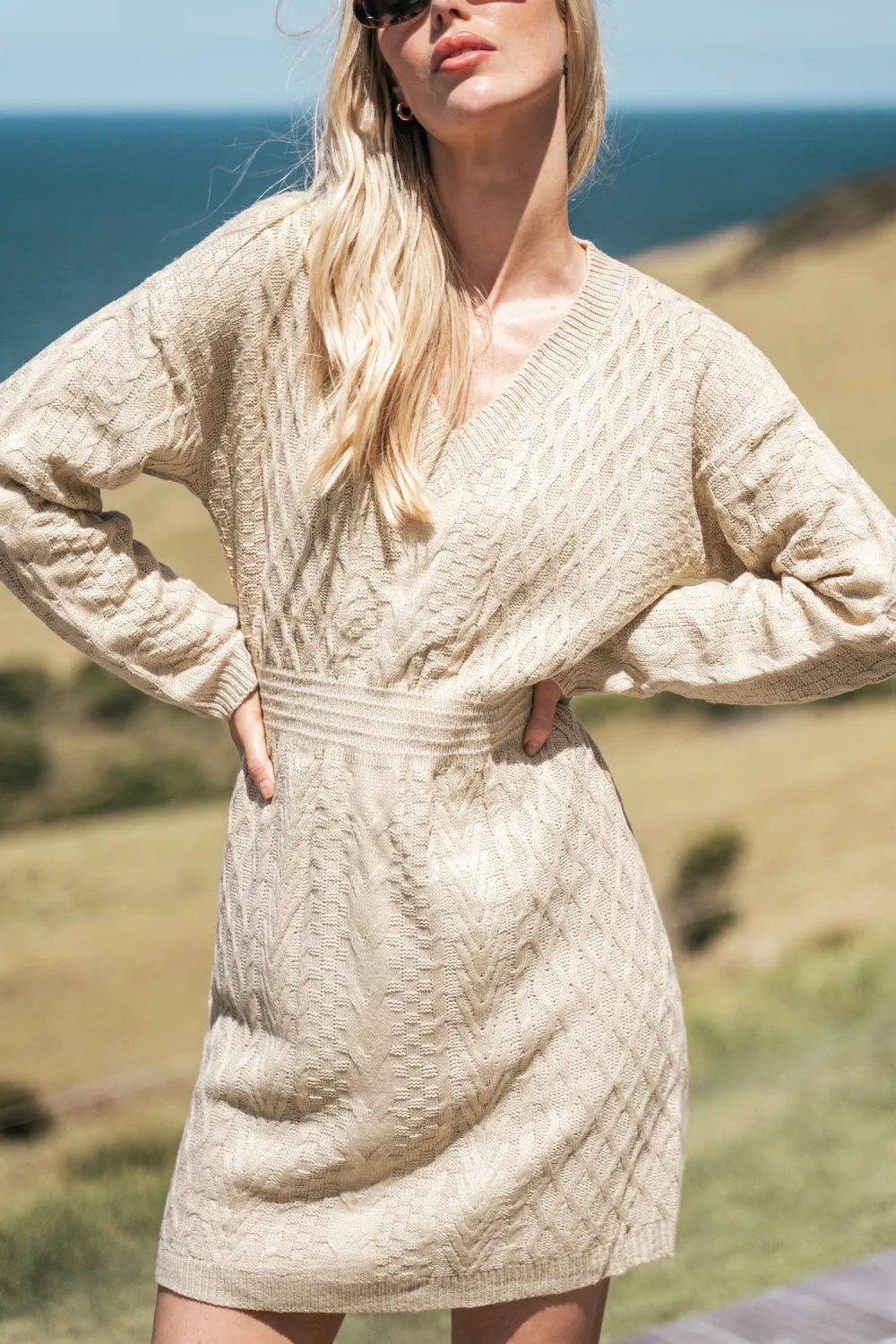 V-Neck Ribbed Cable Knit Sweater Dress