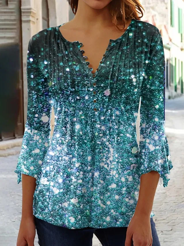 Women's Plus Size Shirt T shirt Tee Blouse Graphic Polka Dot Flower Denim Blue Grass Green Black Button Print Long Sleeve Casual Weekend Basic Round Neck Regular Fit Spring Fall