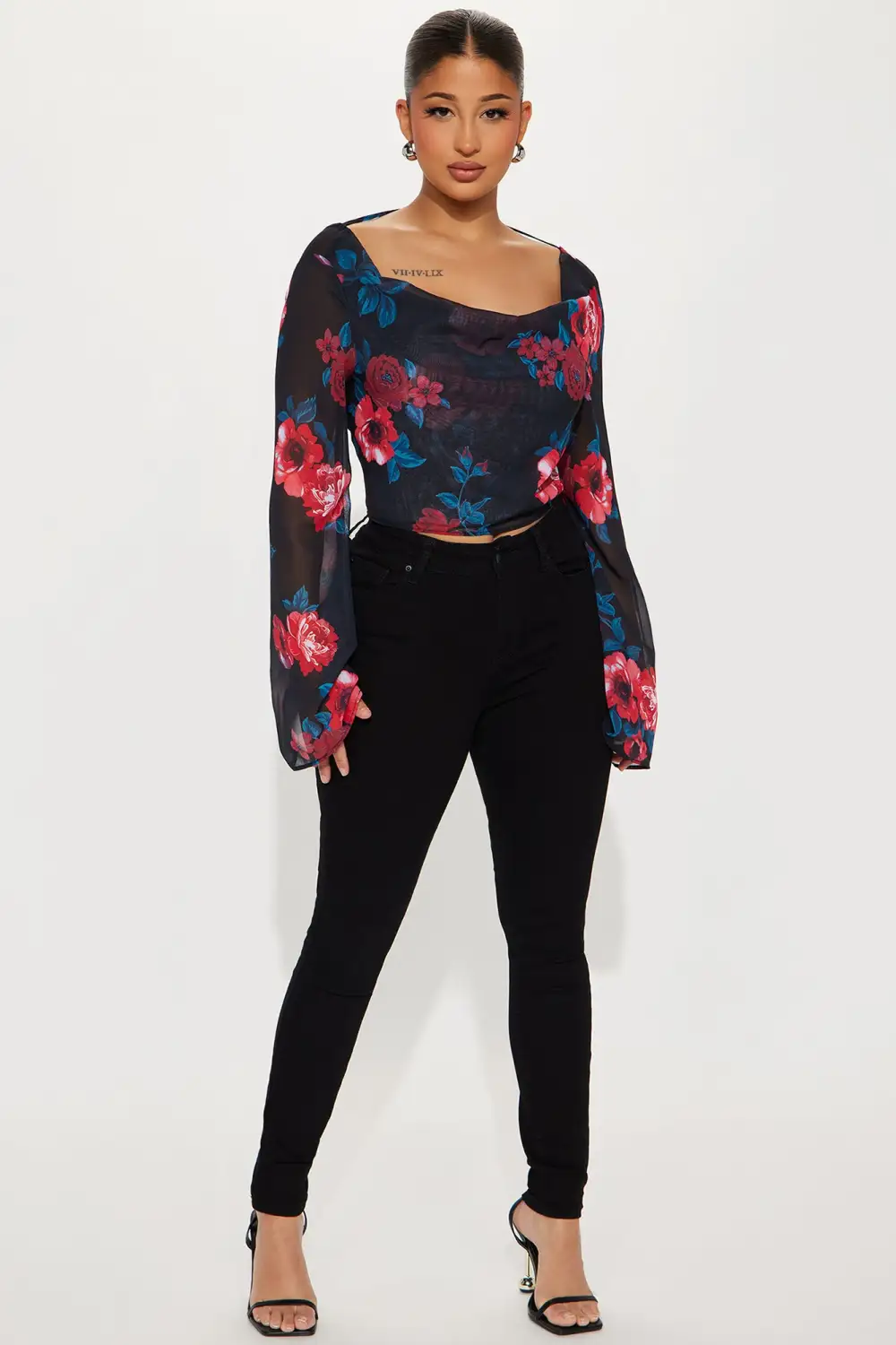 Laina Floral Blouse Top - Black/Red