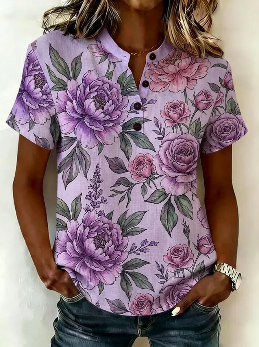 Women's Nashville Floral Peony Rose Printed Henley Shirt