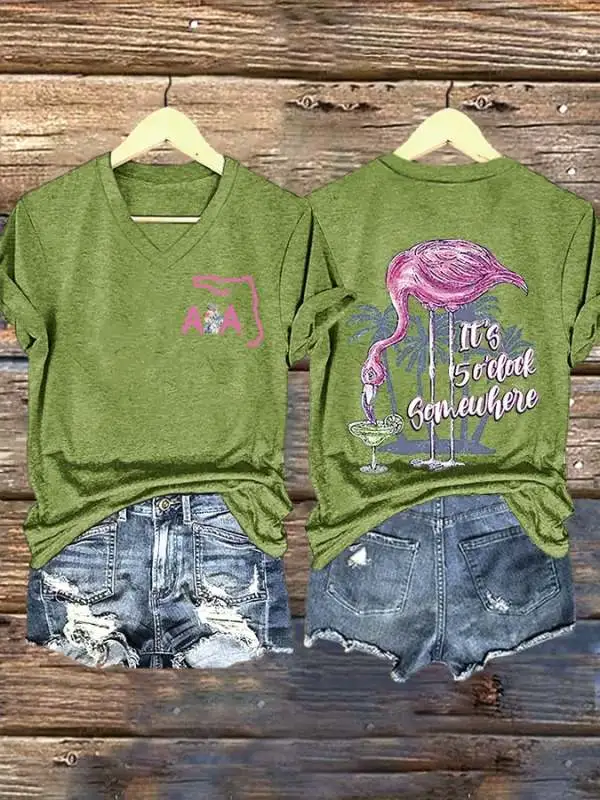 V Neck Retro Florida Road Flamingo Beach Go All The Way Wrinkles Only Go Where Smiles Have Been Print T-Shirt