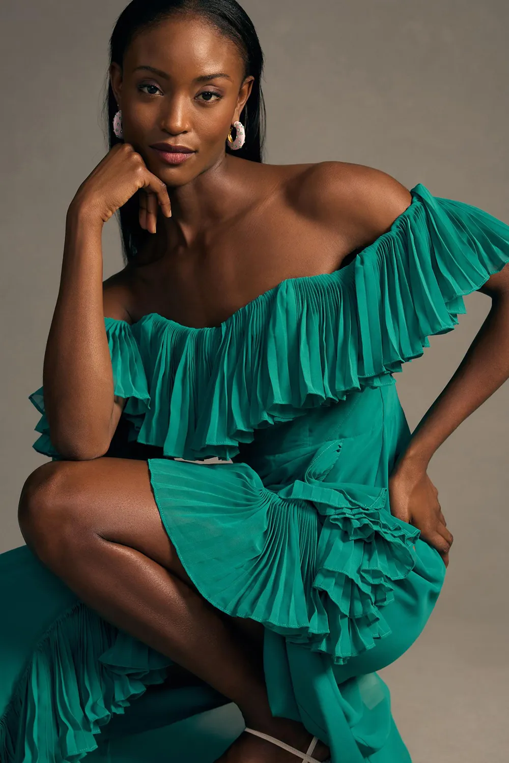Hutch Off-The-Shoulder Ruffled Column Dress