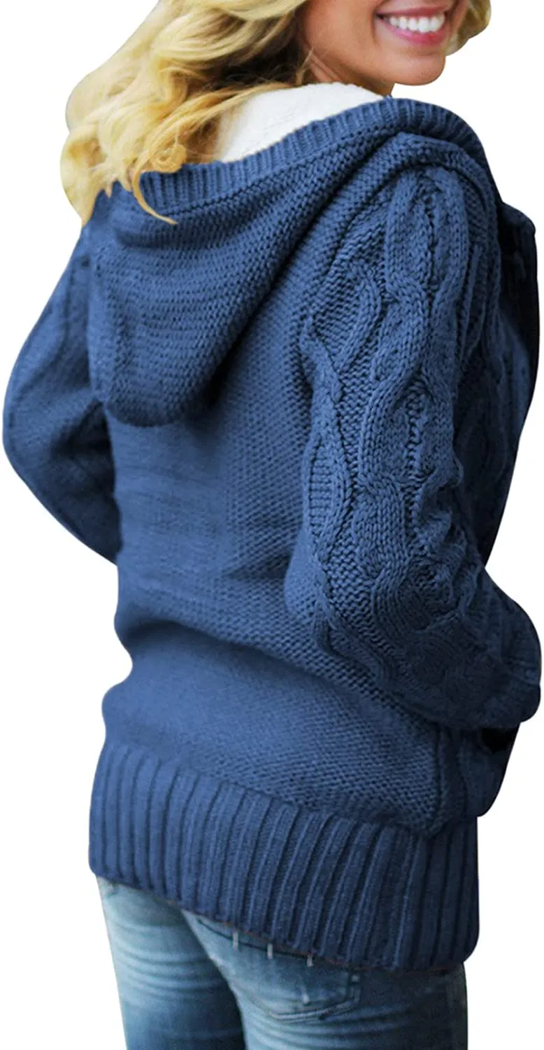 Womens Hooded Cardigans Button Up Cable Knit Sweater Coat Outerwear with Pockets