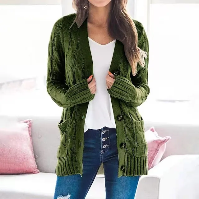 Women's Cardigan Pocket Knitted Button Solid Color Casual Chunky Long Sleeve Regular Fit Sweater Cardigans Open Front Fall Winter Dark powder Blue Army Green
