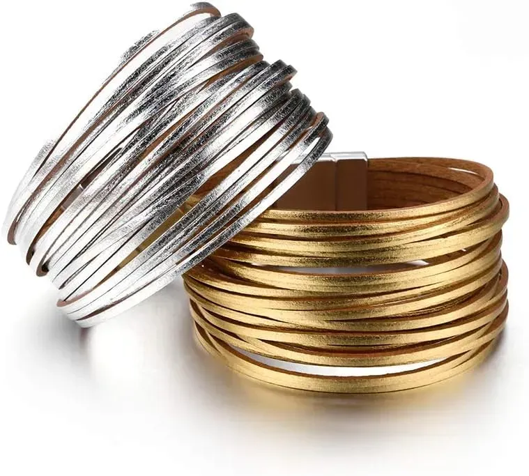 Fesciory Leather Wrap Bracelets for Women, Boho Leopard Multi-Layer Crystal Beads Cuff Bracelet Jewelry