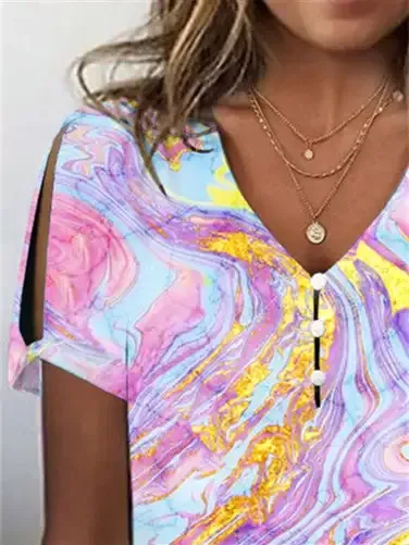 Women's Colorblock Hollow Short Sleeve V-neck Top