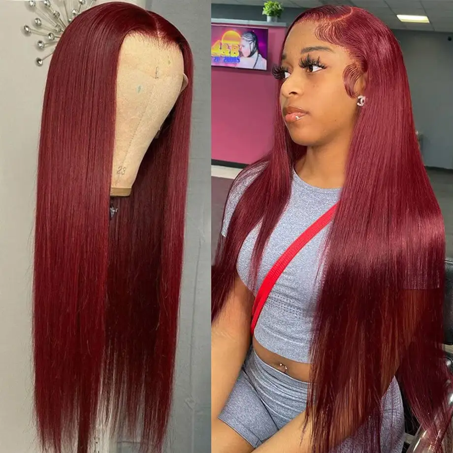 Affordable #99J Straight Hair Wig Sterly Burgundy 13x6 Lace Front Human Hair Wigs