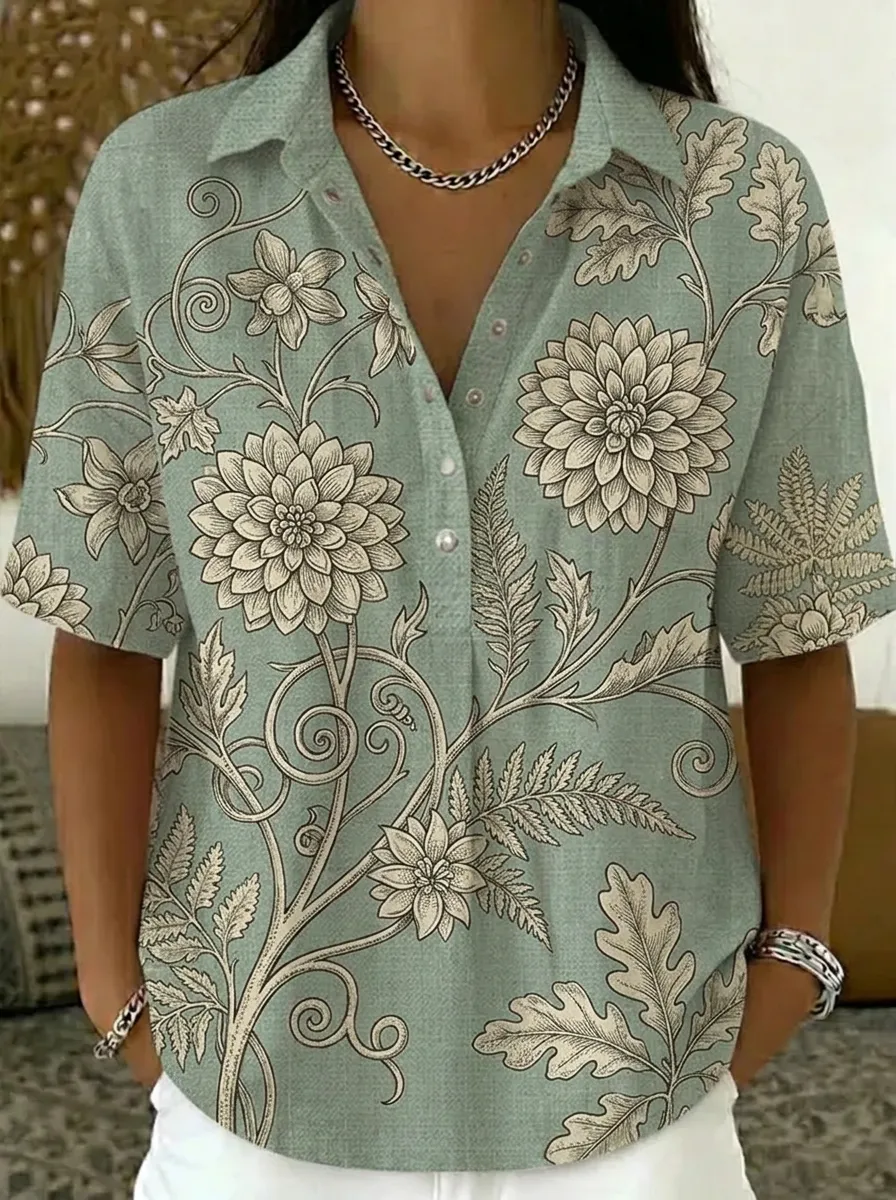 Women's Nashville Floral Botanical Printed V-Neck Polo Shirt