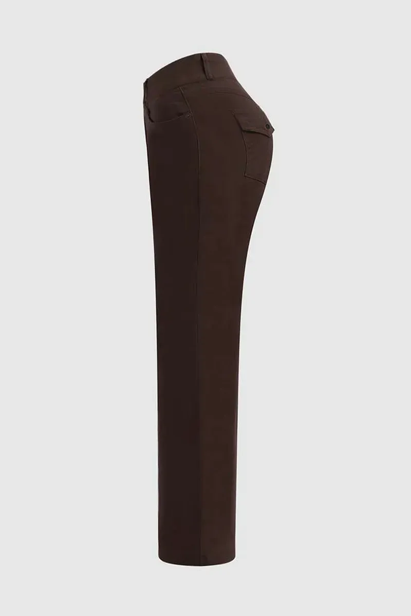 Solid Flap Pocket Button Detail Mid Rise Flare Pants