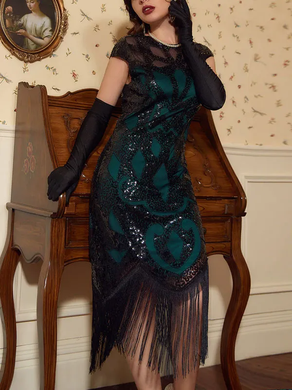 Black&Green Sequins 1920s Dress with Tassel