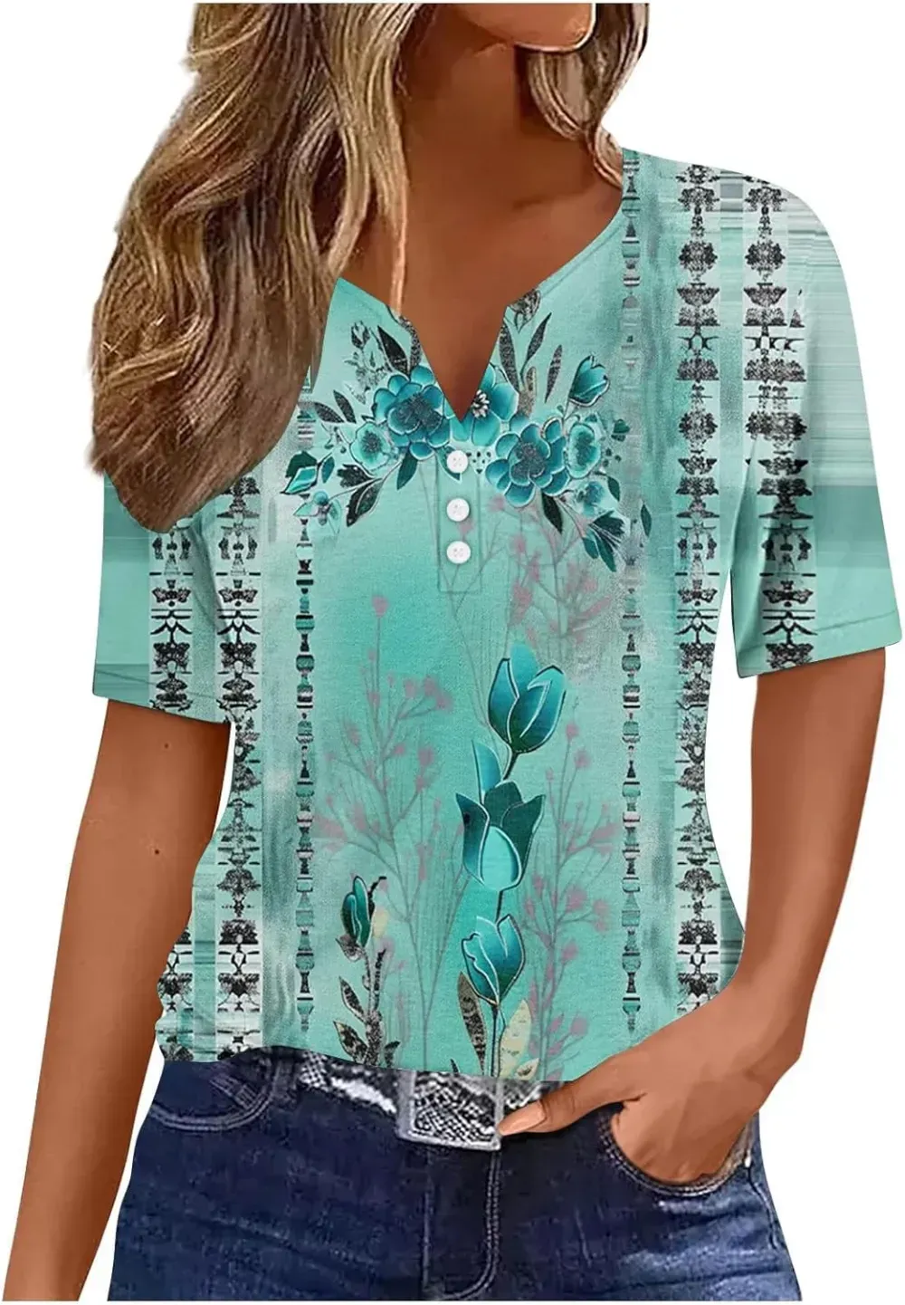 Shirts for Women Casual Printed Summer Tops Short-Sleeved Button V-Neck Tops Blouse Fashion Boho T-Shirts