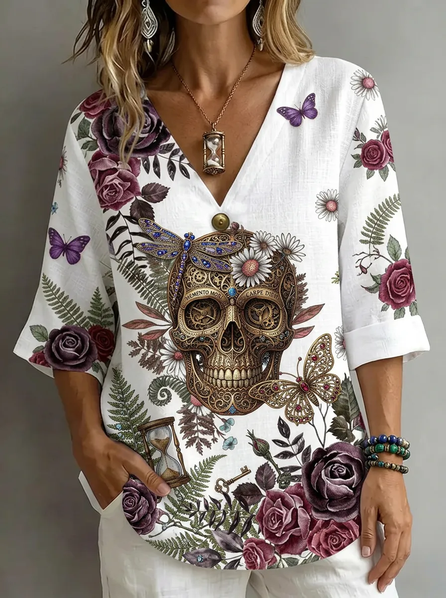 Women's Nashville Skull Floral Butterfly Printed V-Neck Top