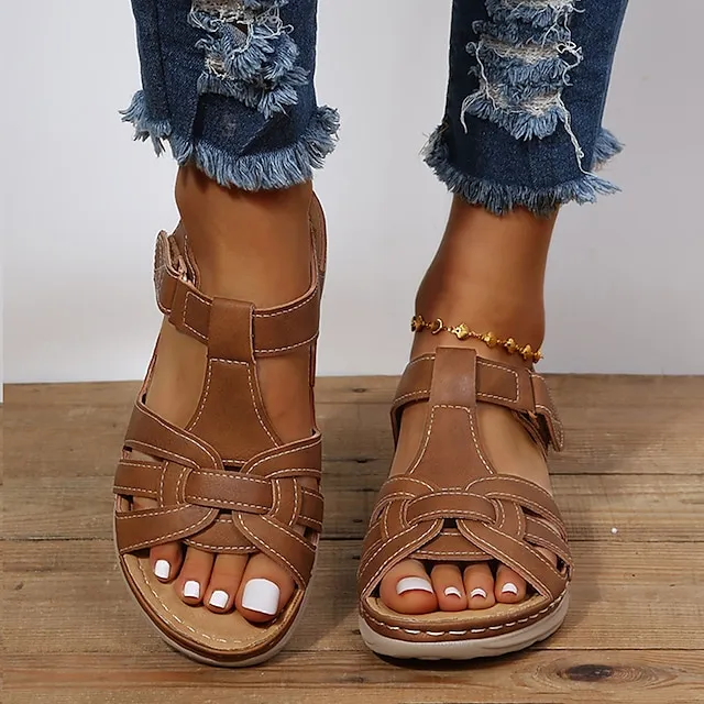 Women's Sandals Wedge Sandals Comfort Shoes Plus Size Outdoor Daily Beach Summer Flat Heel Open Toe Vintage Classic Casual Walking Shoes Faux Leather Magic Tape Solid Color Solid Colored Black Brown