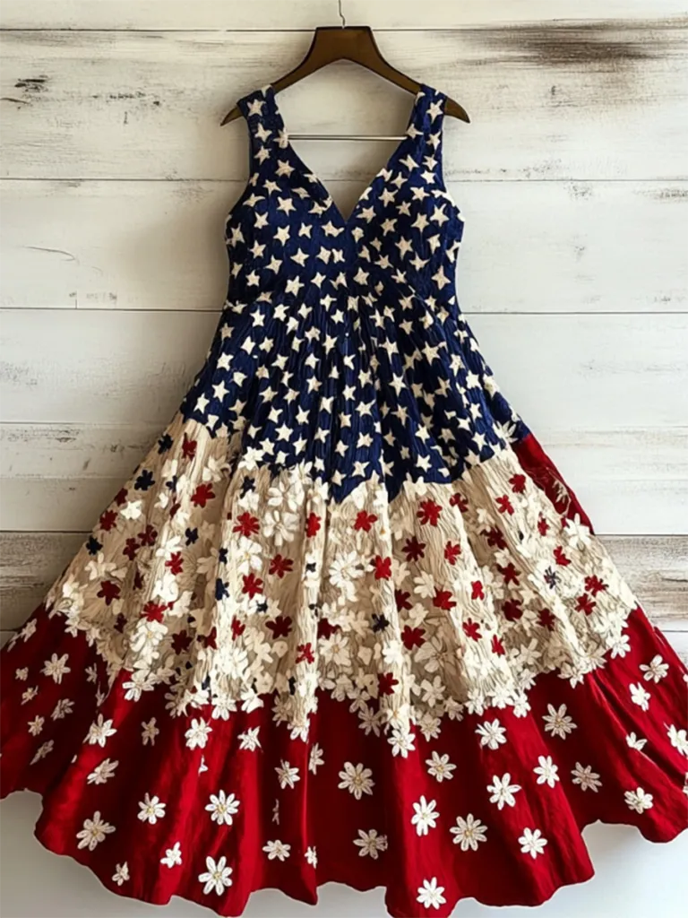 American Flag Color With Daisy Floral Inspired Floral Patchwork Linen Midi Dress