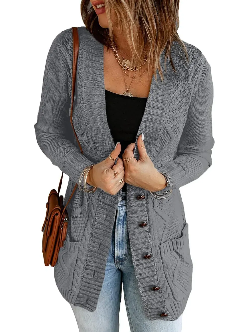 Womens Long Sleeve Open Front Buttons Cable Knit Pocket Sweater Cardigan