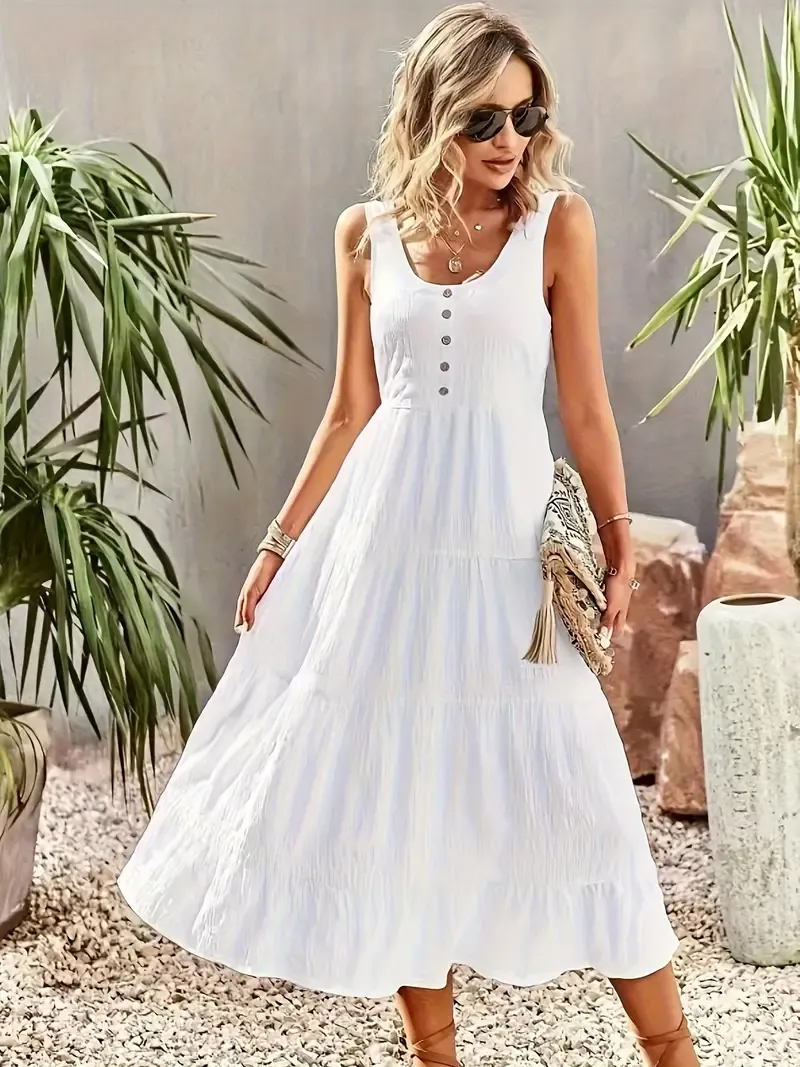Women's Sleeveless U-Neck Maxi Dress - Solid White, Ruffled Hem, Button Detail, Polyester, Spring/Summer Casual Wear