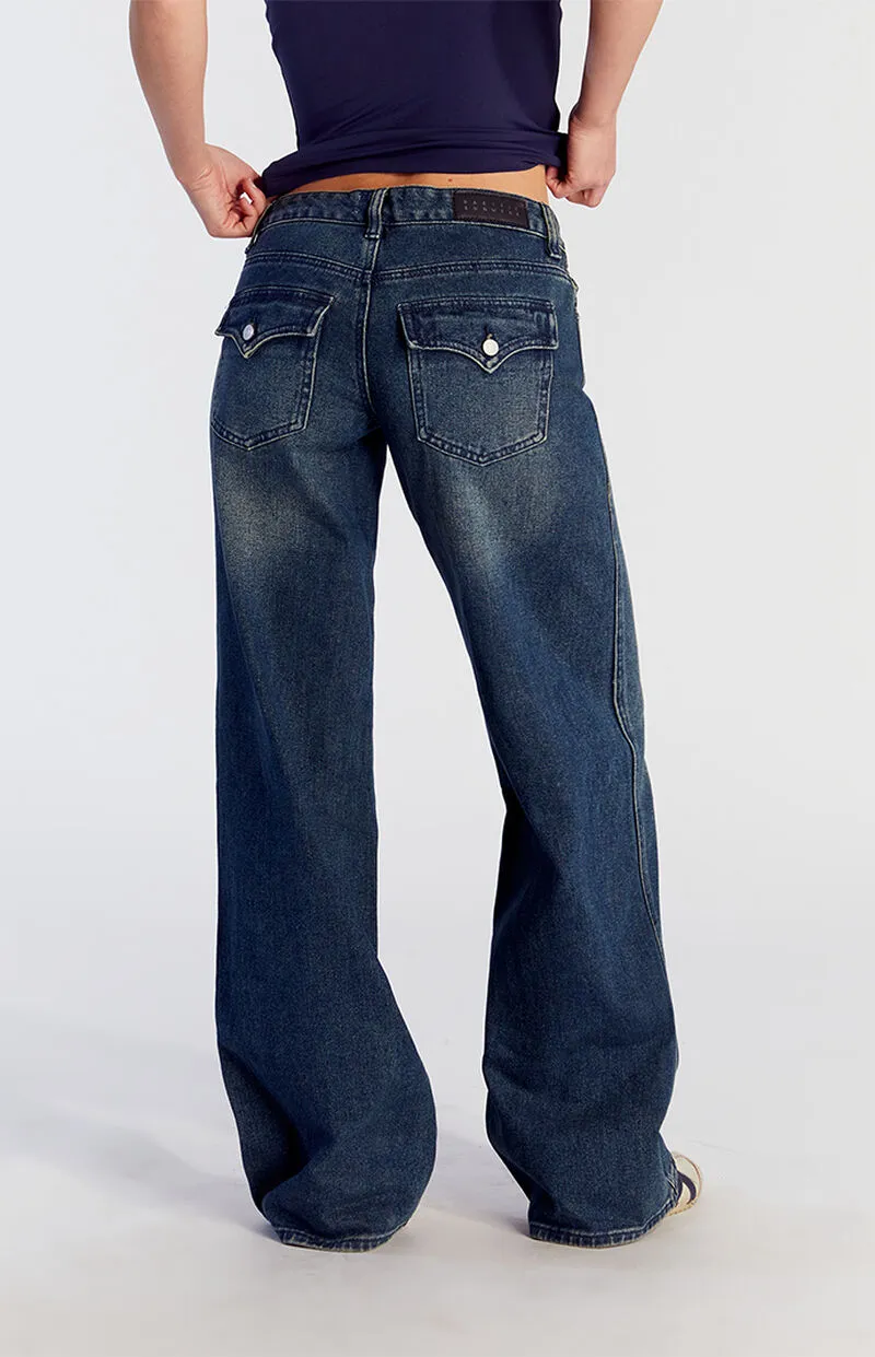PacSun Casey Button Pocket Low Rise Baggy Jeans Dark Indigo