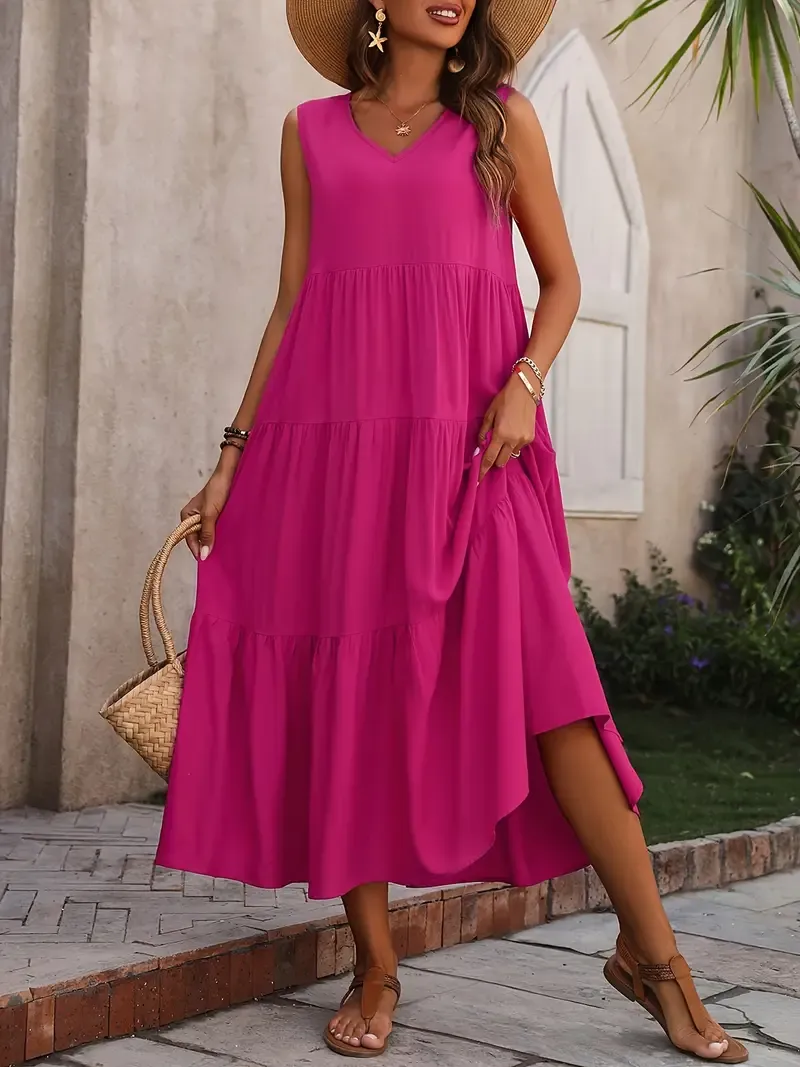 V-Neck Ruffle Hem Sleeveless Dress for Women, Casual Summer Dress for Spring