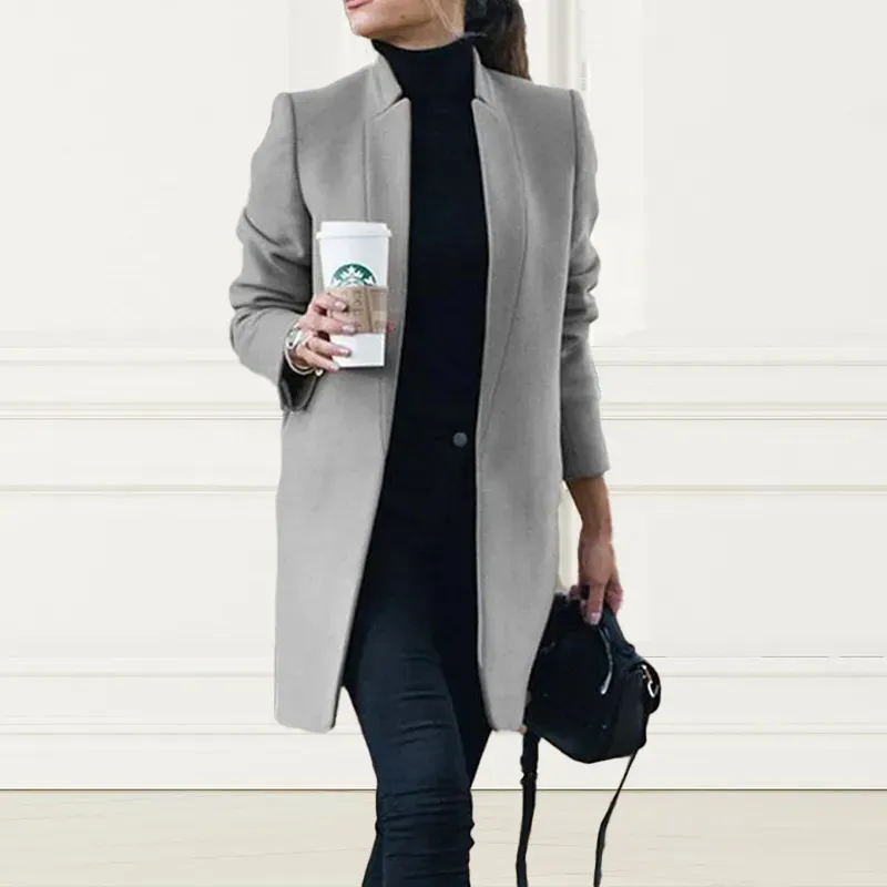 Casual Solid Color Stand Collar Long Coat