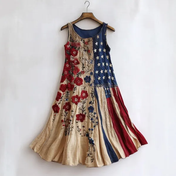 Vintage Flag Inspired Flower Embroidered Linen Tank Dress
