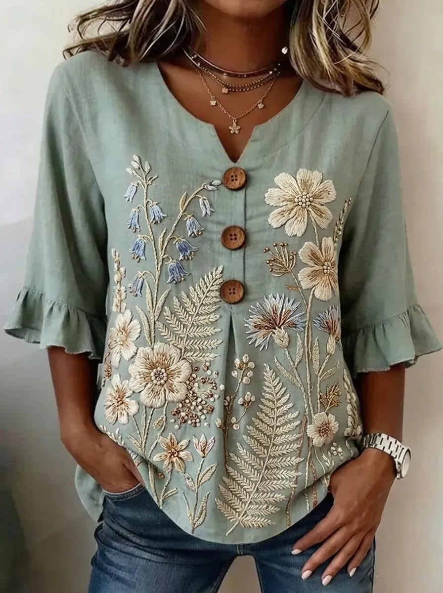 Women's Nashville Floral Botanical Embroidered V-Neck Printed Top