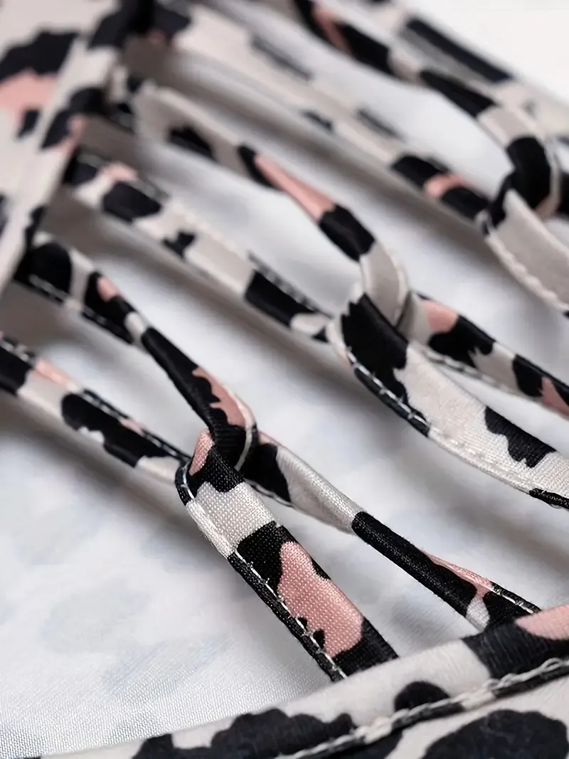 Leopard Print Cross Front T-Shirt, Casual Lace Stitching Long Sleeve Top For Spring & Fall, Women's Clothing