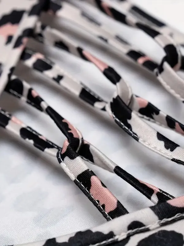 Leopard Print Cross Front T-Shirt, Casual Lace Stitching Long Sleeve Top For Spring & Fall, Women's Clothing