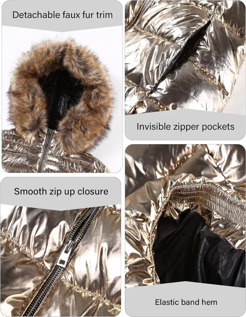 Womens Lightweight Puffer Jacket, Winter Coats for Women Warm Quilted Bubble Padded Hood Coat with Faux Fur Collar