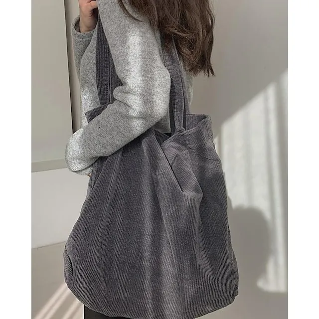 Tote Corduroy Daily Solid Color Black Pink Dark Green