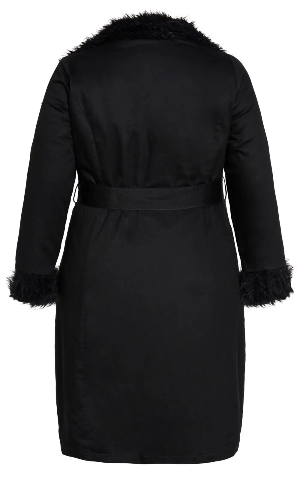 Evans Black Faux Fur Trim Tie Waist Coat