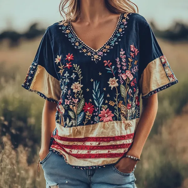 Women's Vintage Independence Day Flag Floral Embroidery Print V-neck Linen Blend T-shirt