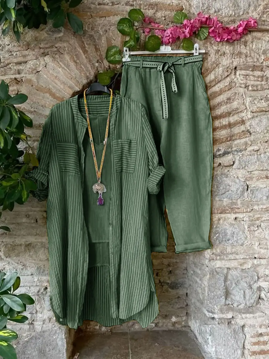 （Clearance Sale⚡） Casual Top And Pants With Stripe Cardigan Three-piece Set