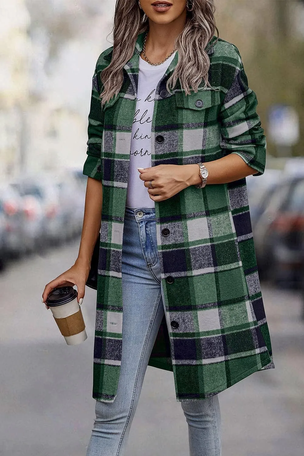 Women's Plaid Shacket 2023 Long Sleeve Button Up Flannel Shirt Winter Tartan Jacket Woolen Coats