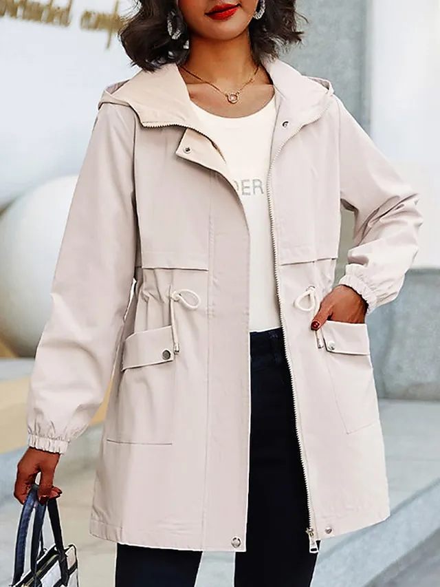 Women's Trench Coat Fall Outdoor Zipper Plain Breathable Streetwear Regular Fit Outerwear Long Sleeve Black M