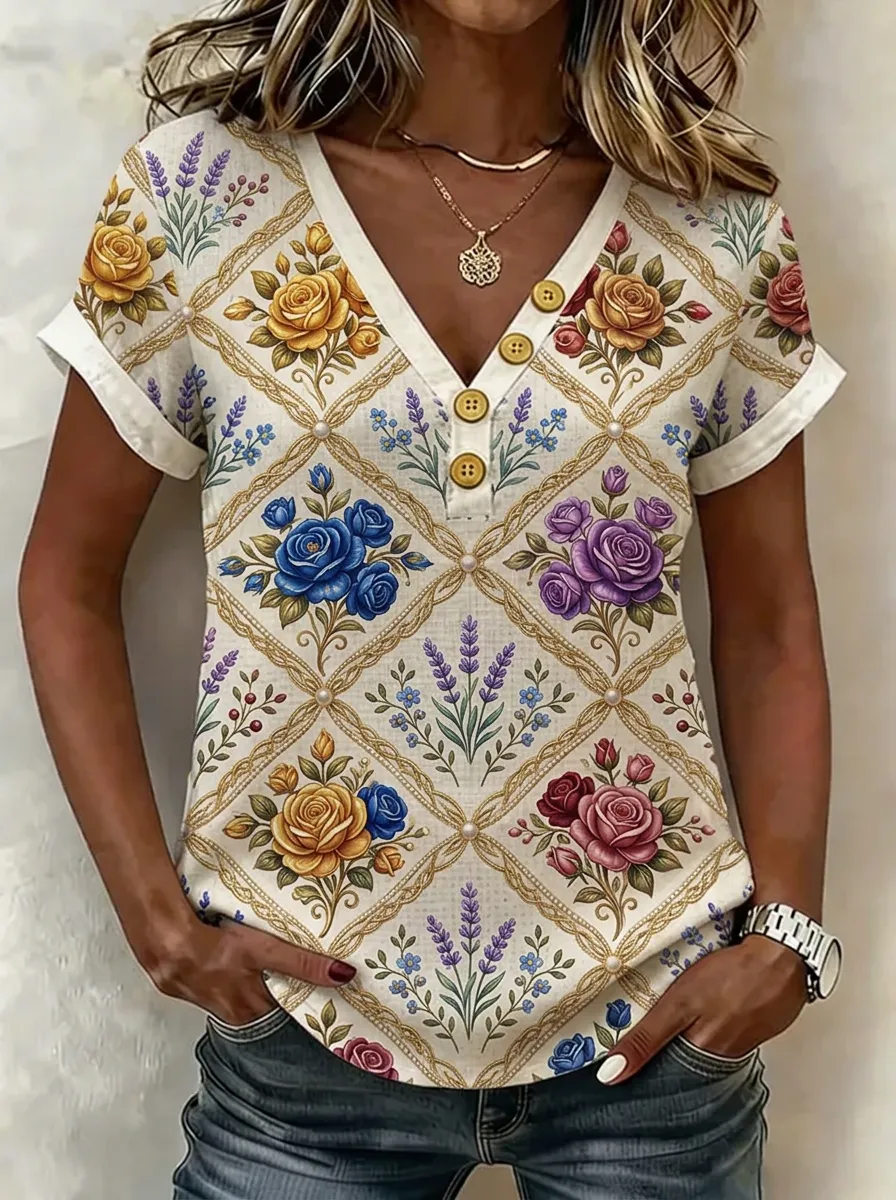 Women's Nashville Floral Lattice Pattern Printed V-Neck T-Shirt