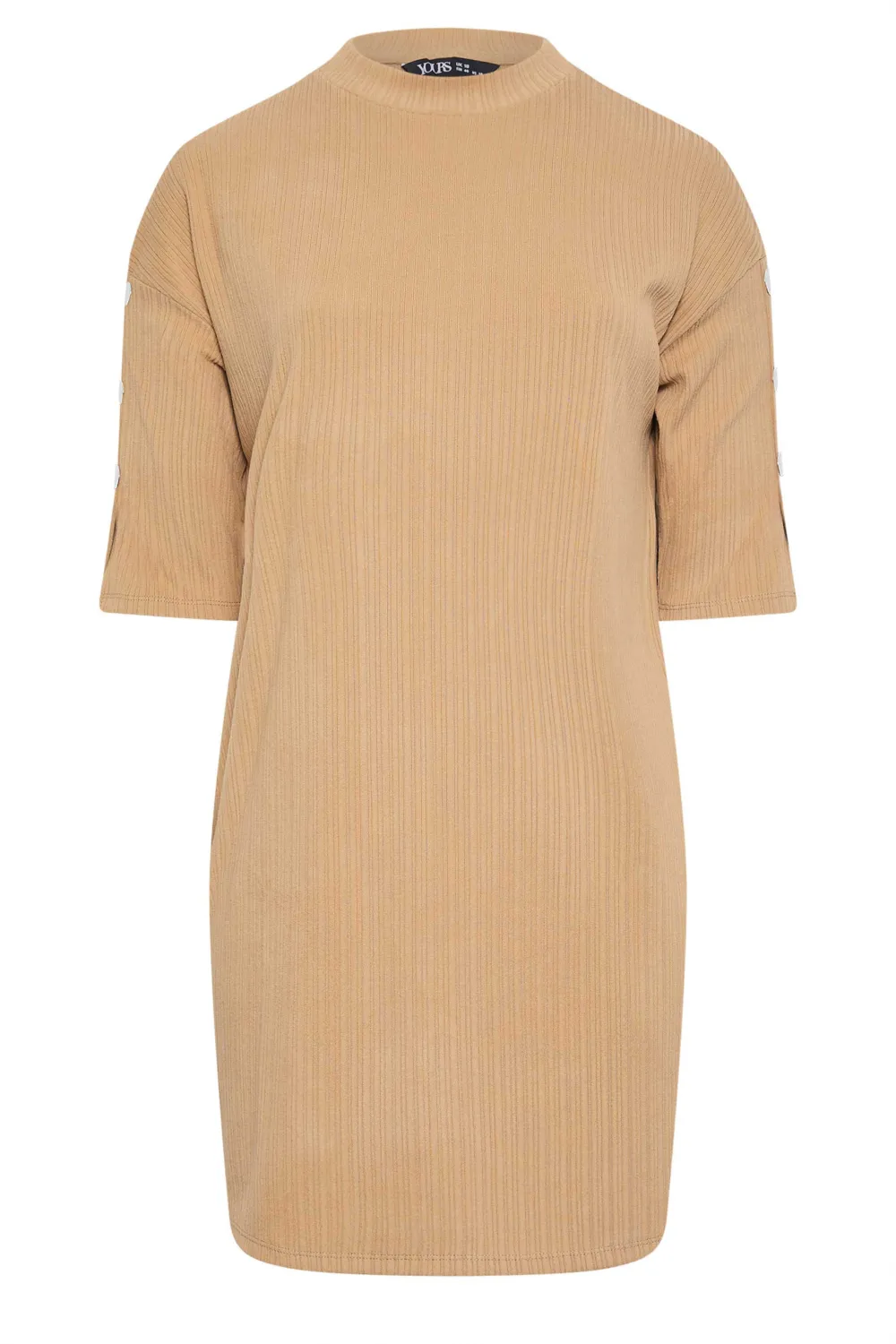 YOURS Curve Beige Brown Soft Touch Button Detail Mini Dress