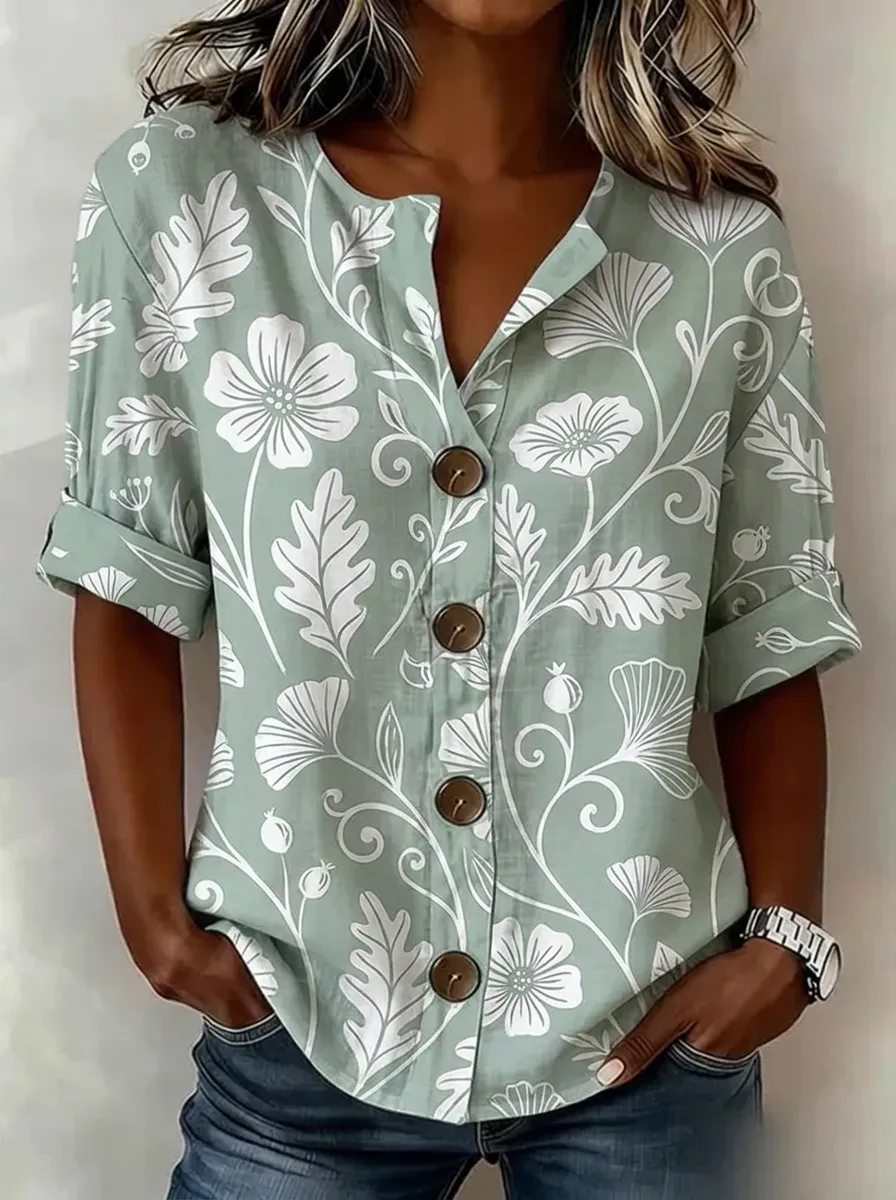 Women's Nashville Floral Botanical Printed Button-Up Shirt