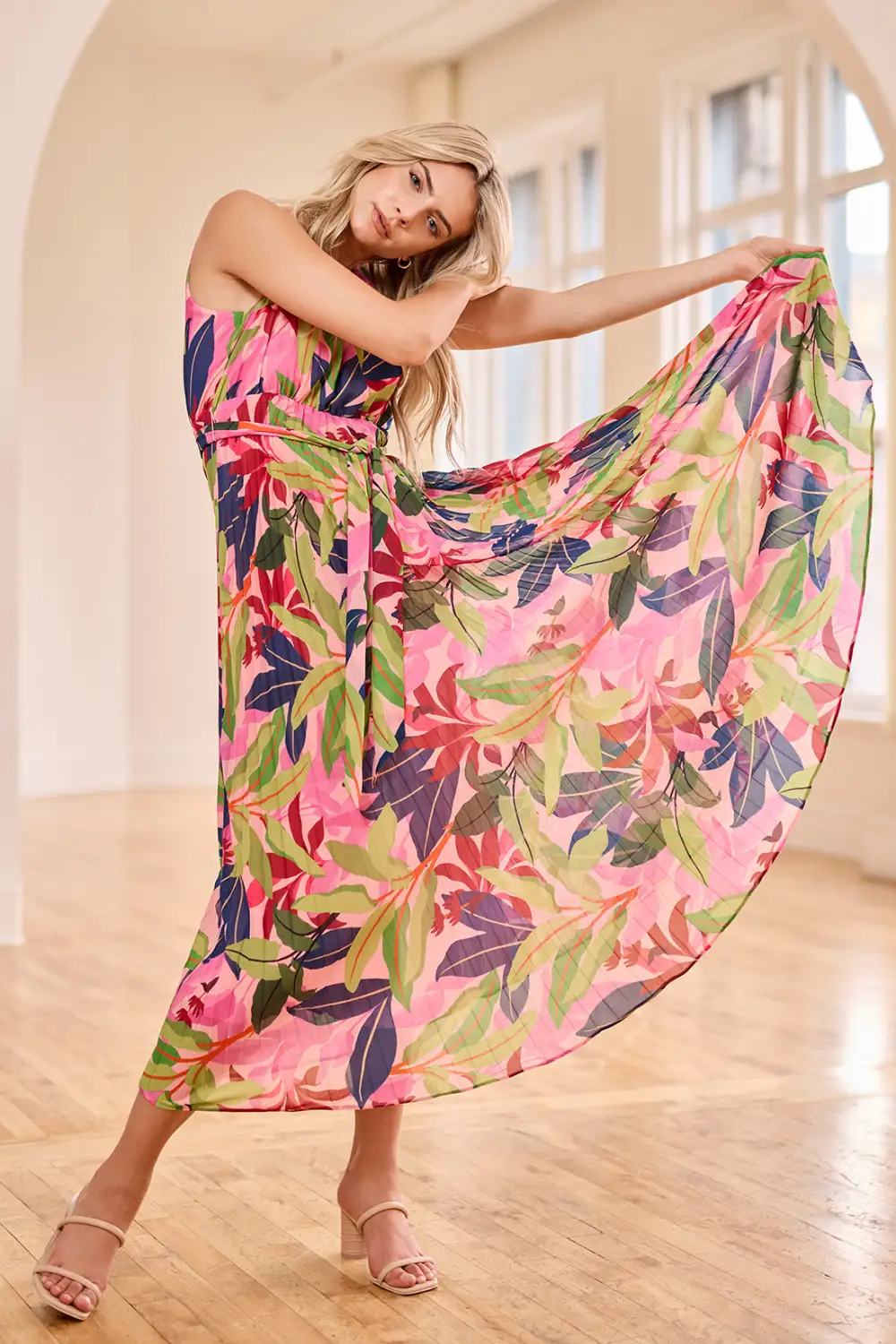 Sleeveless Plissé Maxi Dress-Teaberry