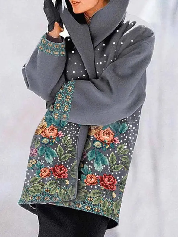 Round neck loose print hooded wool coat