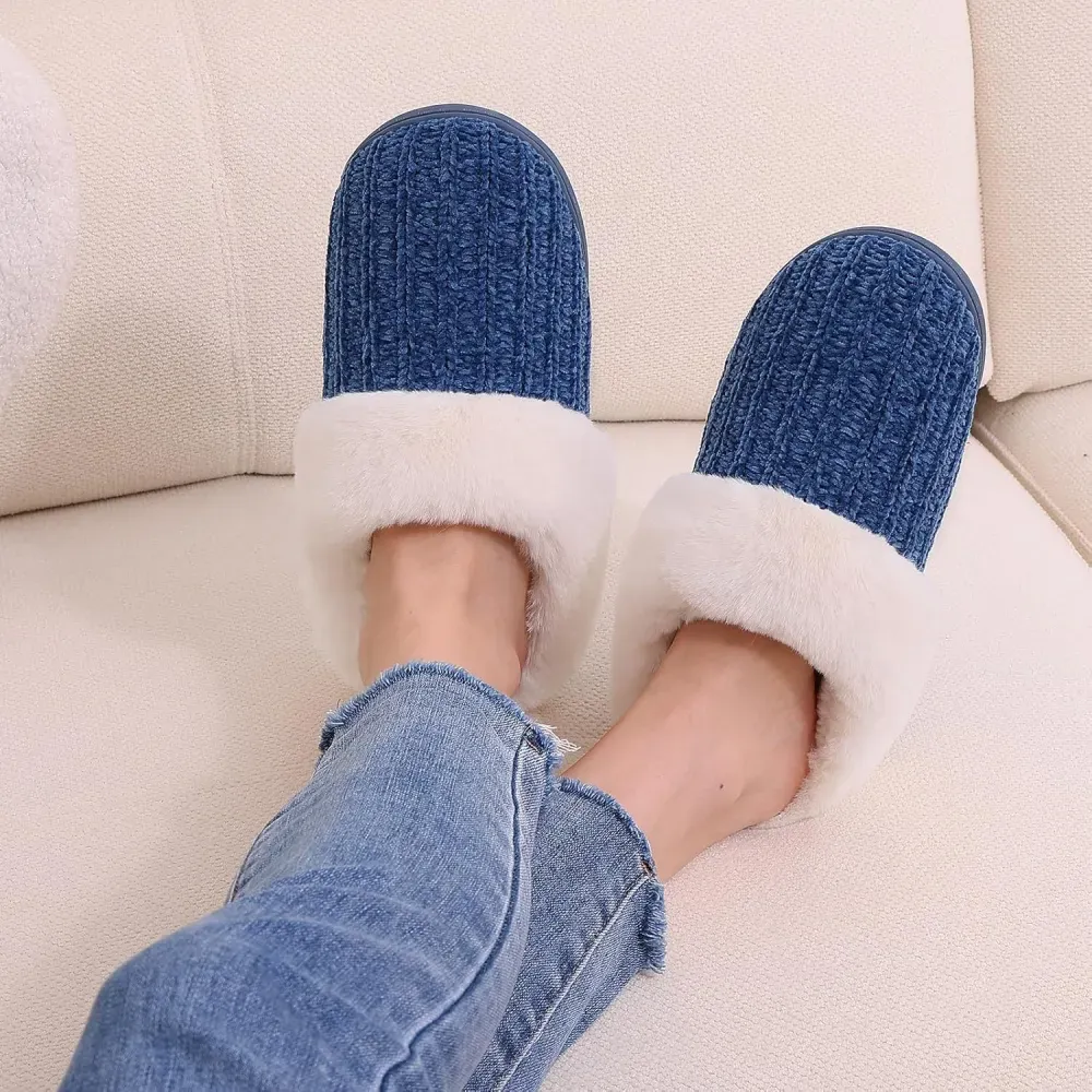 Warm Knit House Slippers for Women Comfy Wool-Like Lined Chenille Slippers with Memory Foam and Indoor Outdoor Soles