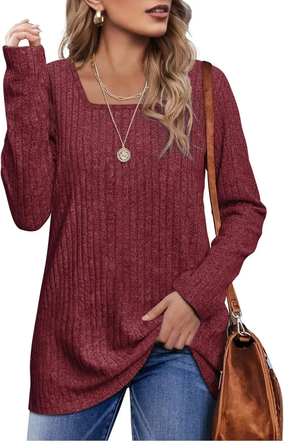 OFEEFAN Long Sleeve Shirts for Women Lightweight Crew Neck Casual Tunic Tops