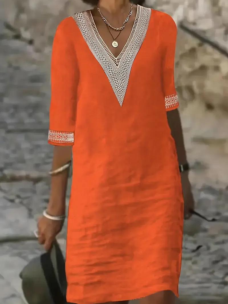 Guipure Lace V-Neck Short Sleeve Dress for Women, Spring & Summer Casual Dress