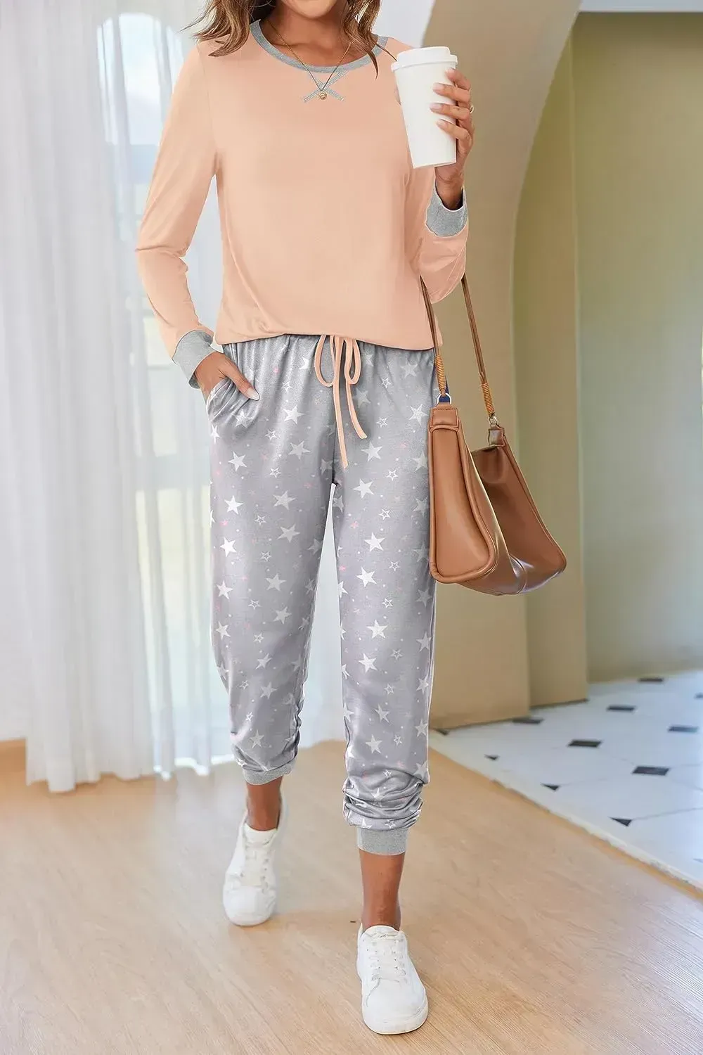 Women's Pajamas Sets Long Sleeve with Plaid Pants Soft Sleepwear O Neck 2 Piece Pjs Joggers Loung Set with Pockets