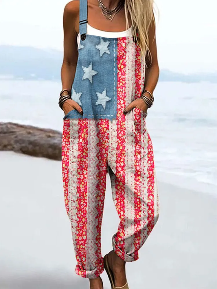 Women's Vintage Independence Day Floral Print Casual Jumpsuit