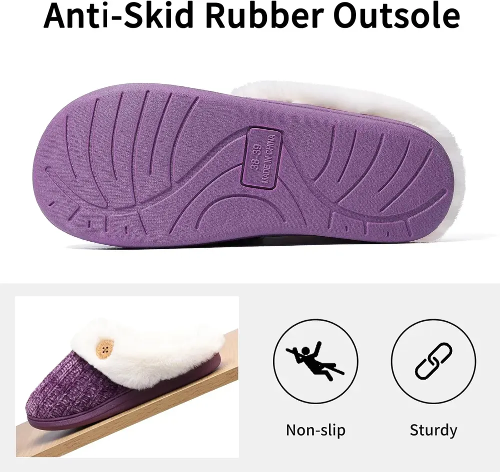 Warm Knit House Slippers for Women Comfy Wool-Like Lined Chenille Slippers with Memory Foam and Indoor Outdoor Soles
